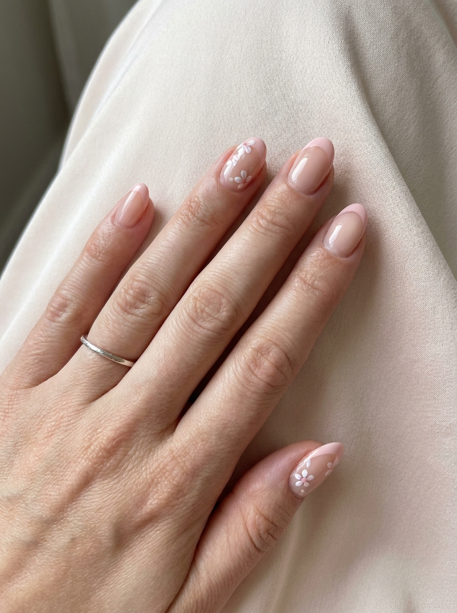 Pink Floral French Nails mit rosa Spitzen und kleinen Blumenakzenten